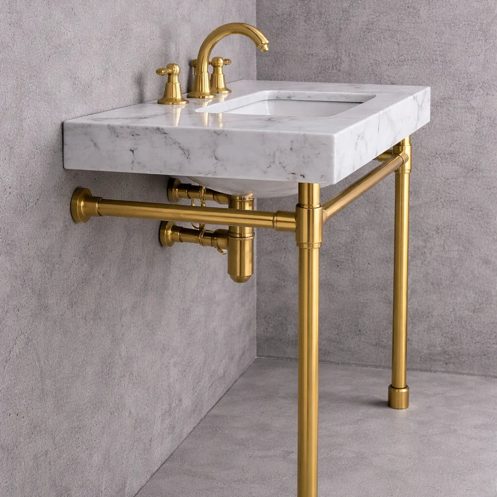 Marble sink with gold faucet and pipes against a gray wall.