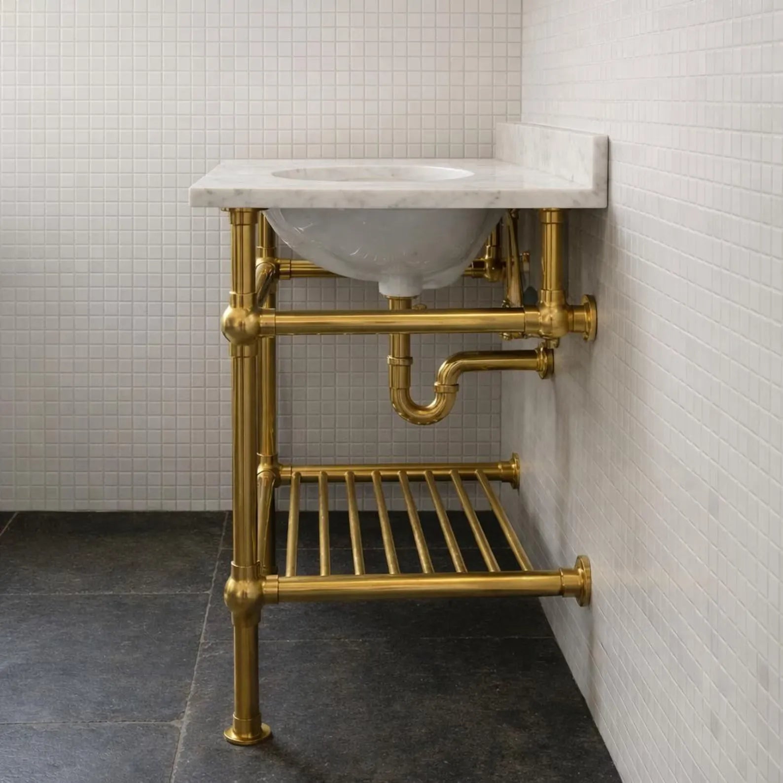 brass console sink base marble countertop