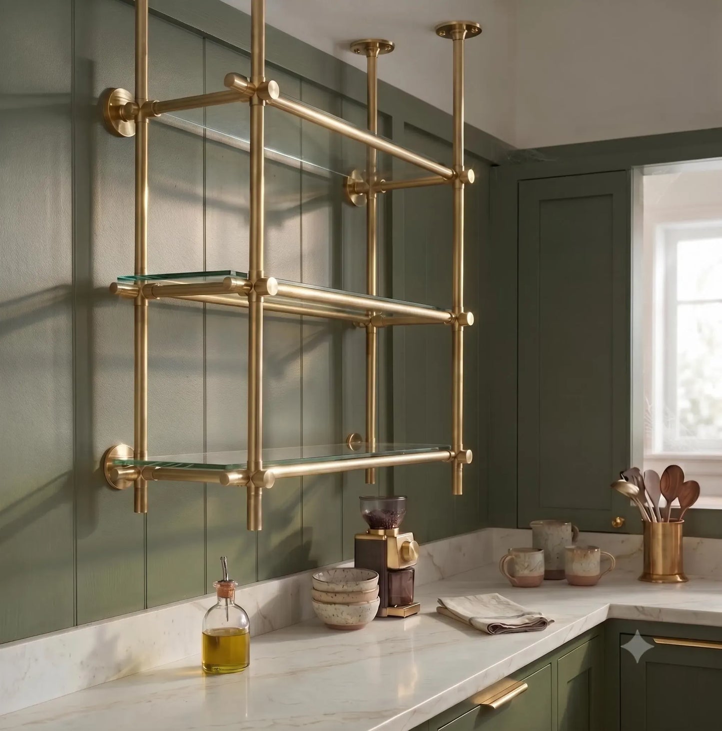 Brass & Glass Ceiling Mounted Shelving | 3-Tier Bar & Kitchen Shelf
