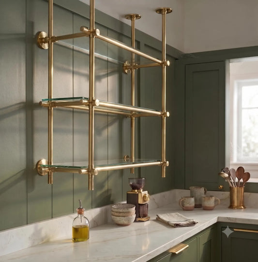 Brass & Glass Ceiling Mounted Shelving | 3-Tier Bar & Kitchen Shelf